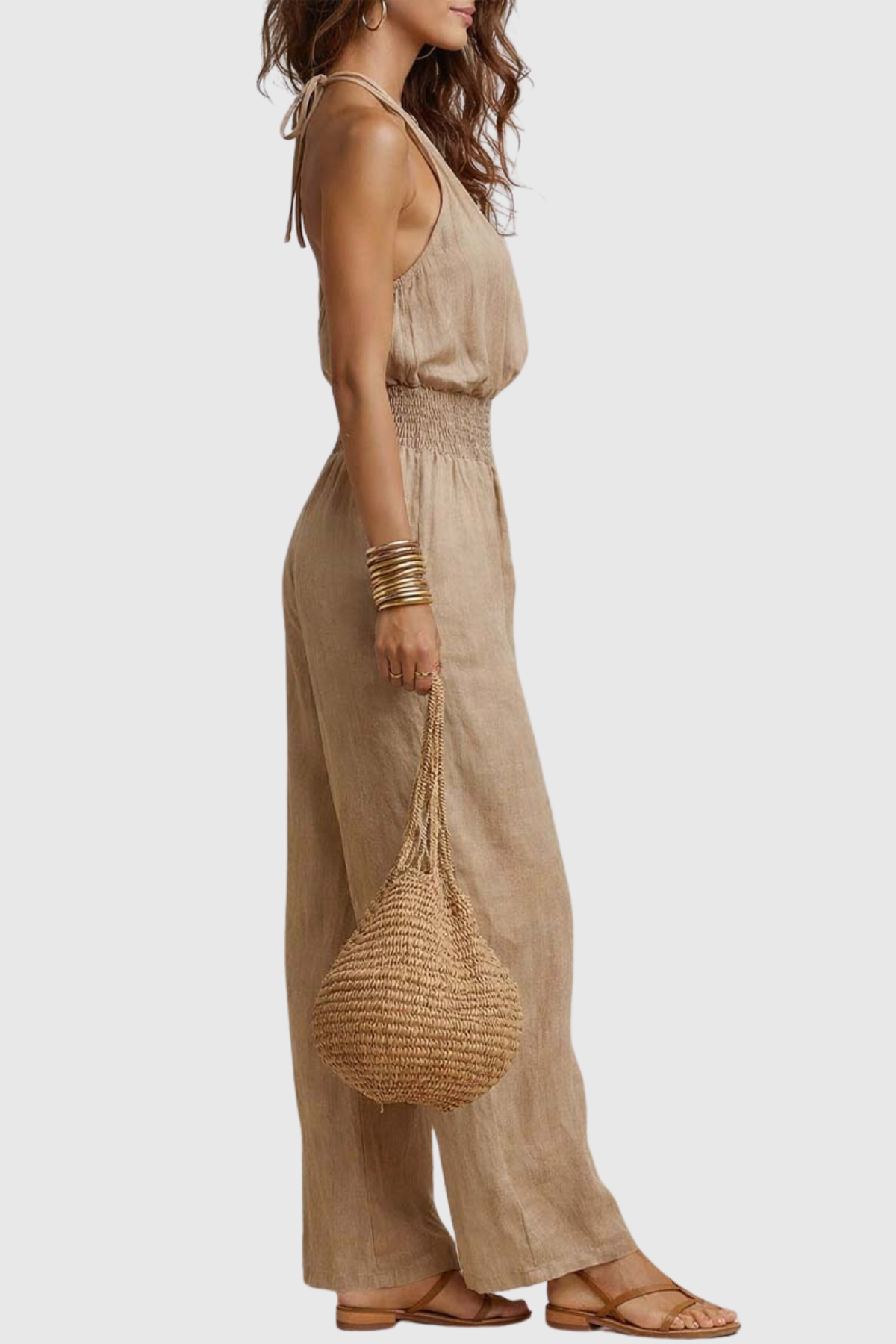 Dollyia Halter Ruched Jumpsuit - Beige