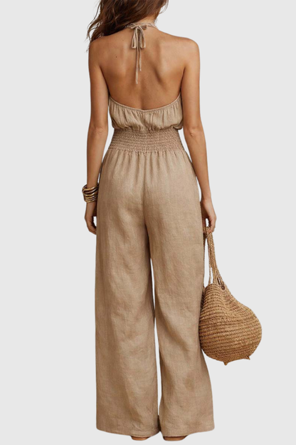 Dollyia Halter Ruched Jumpsuit - Beige