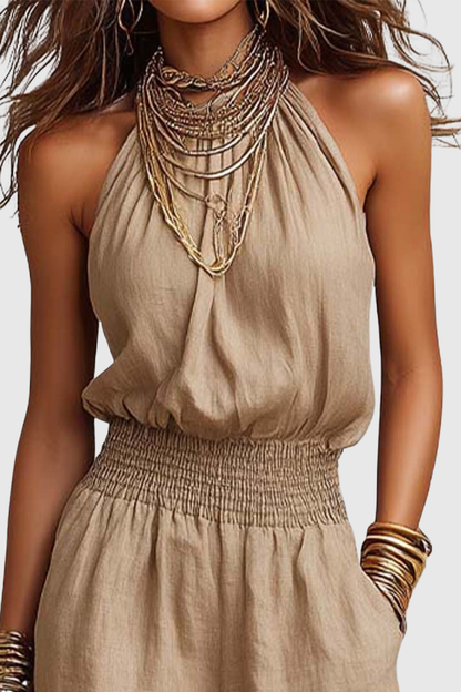 Dollyia Halter Ruched Jumpsuit - Beige