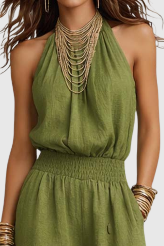 Dollyia Halter Ruched Jumpsuit - Green