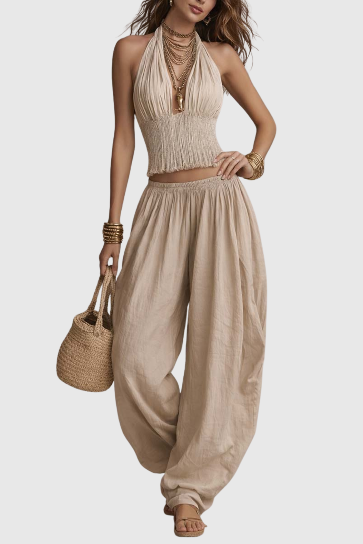 Dollyia Halter Ruched Top & Harem Pants Set - Beige
