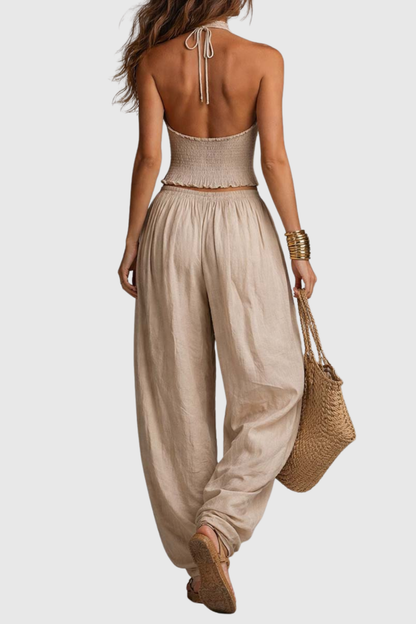 Dollyia Halter Ruched Top & Harem Pants Set - Beige