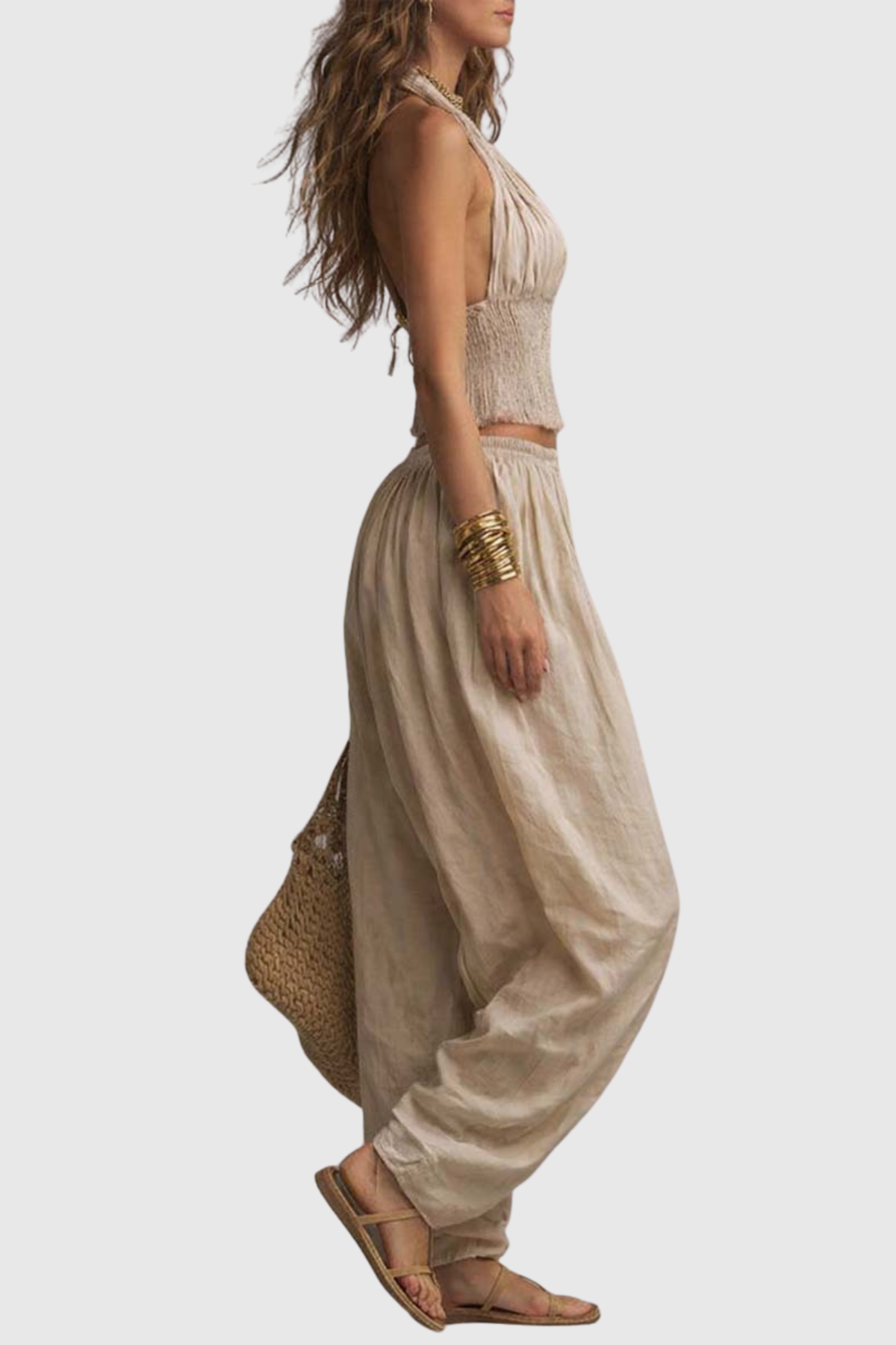 Dollyia Halter Ruched Top & Harem Pants Set - Beige
