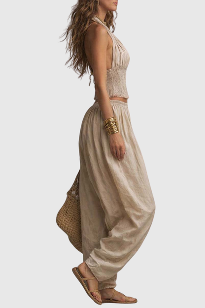 Dollyia Halter Ruched Top & Harem Pants Set - Beige