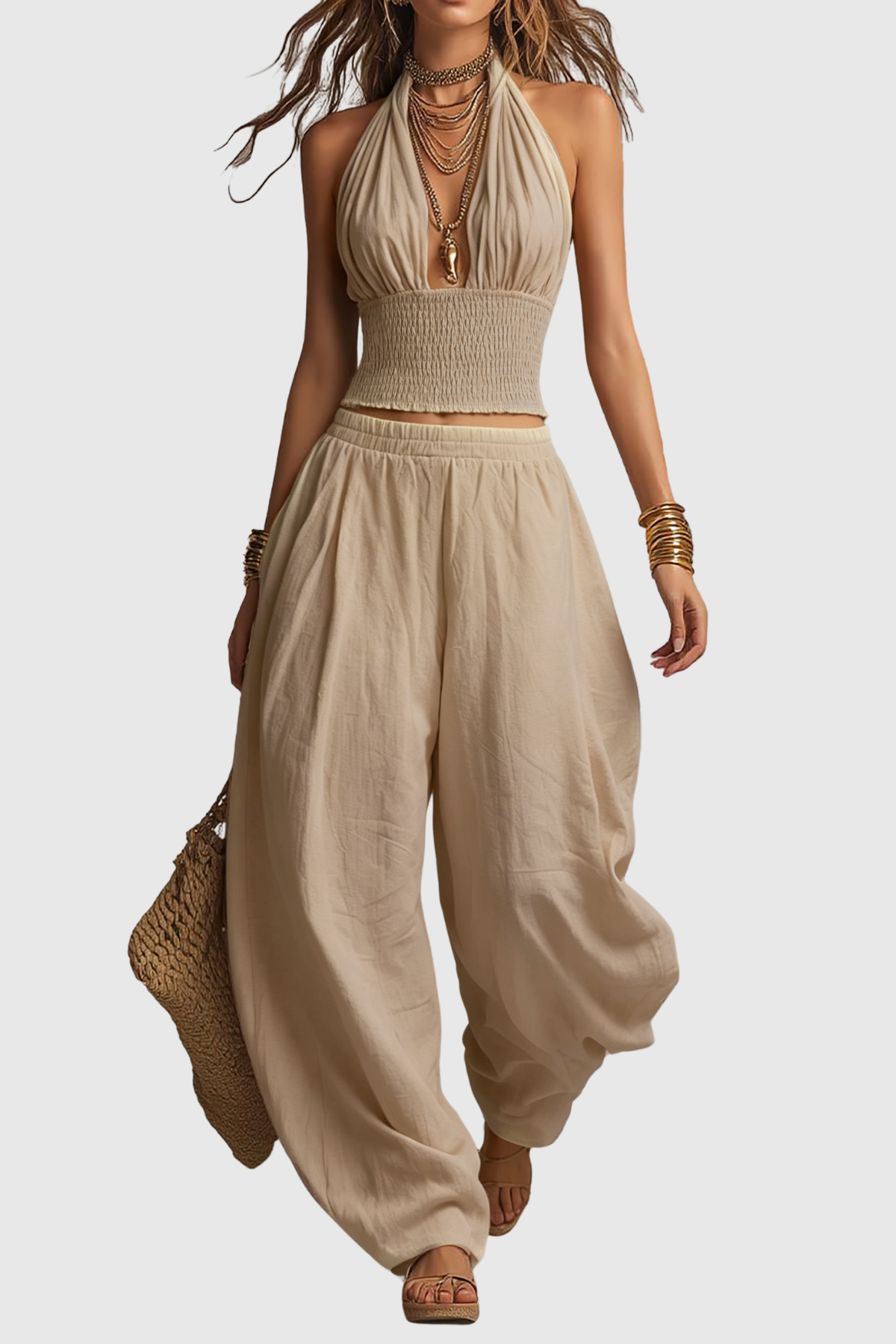 Dollyia Halter Ruched Top & Harem Pants Set - Beige