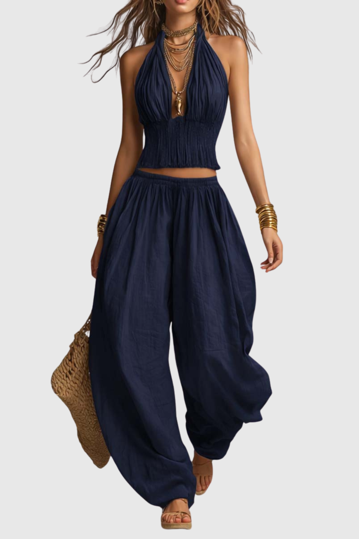 Dollyia Halter Ruched Top & Harem Pants Set - Blue