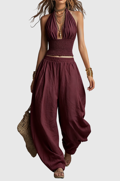 Dollyia Halter Ruched Top & Harem Pants Set - Wine
