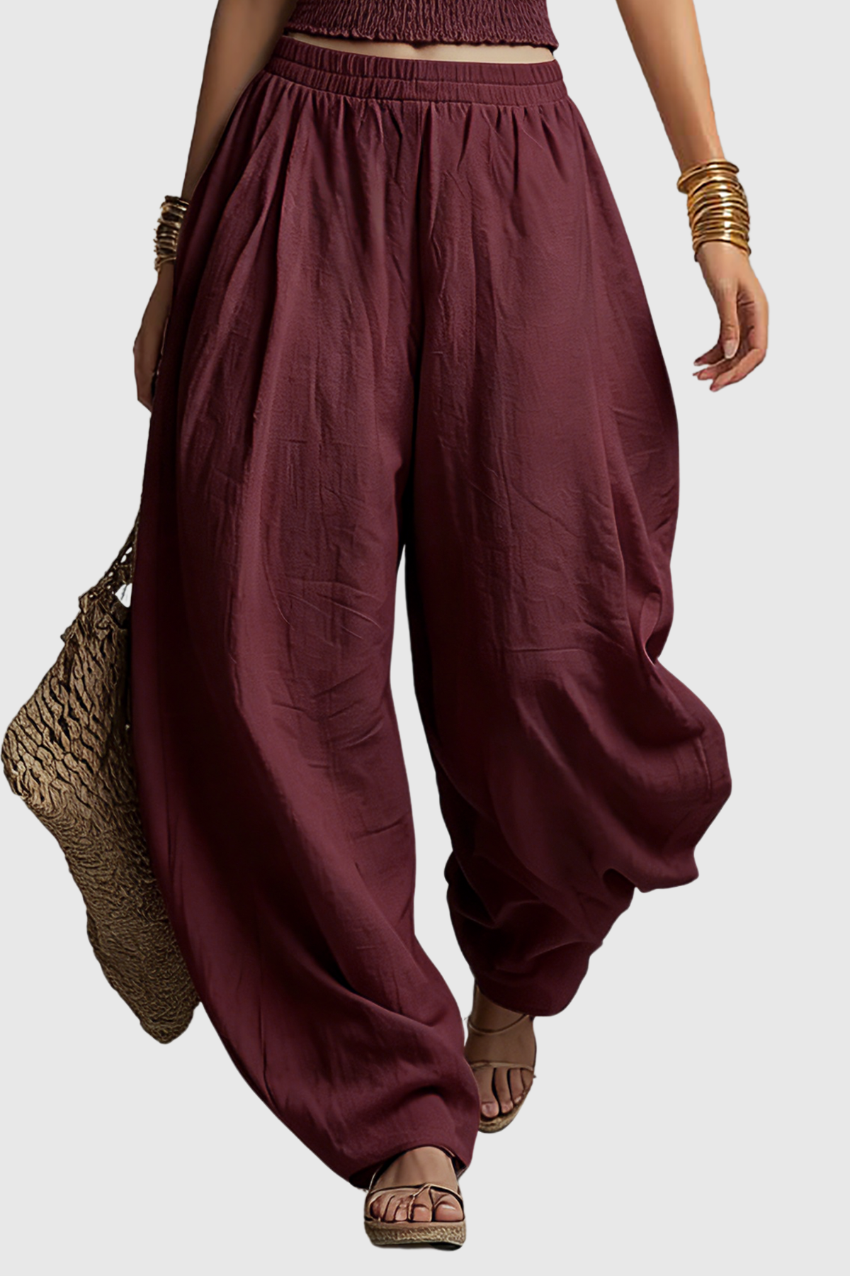 Dollyia Halter Ruched Top & Harem Pants Set - Wine