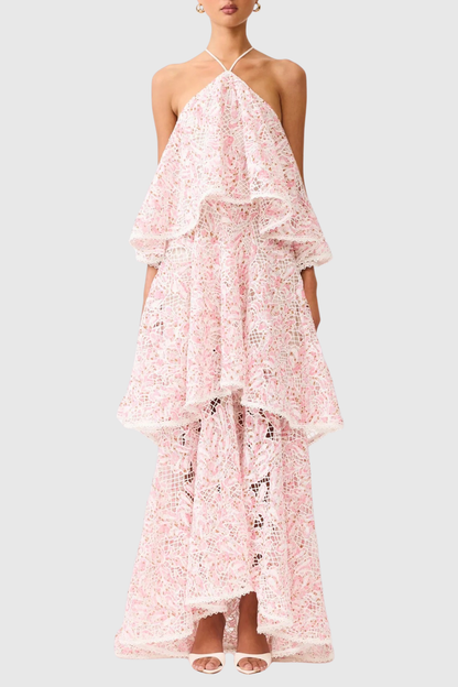 Dominia Halter Floral Lace Tiered Maxi Dress - Pink