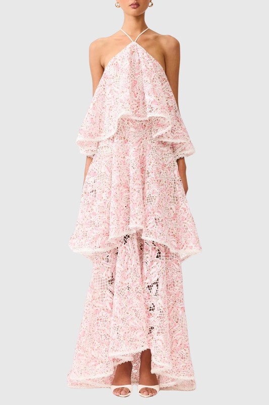 Dominia Halter Floral Lace Tiered Maxi Dress - Pink