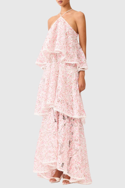 Dominia Halter Floral Lace Tiered Maxi Dress - Pink