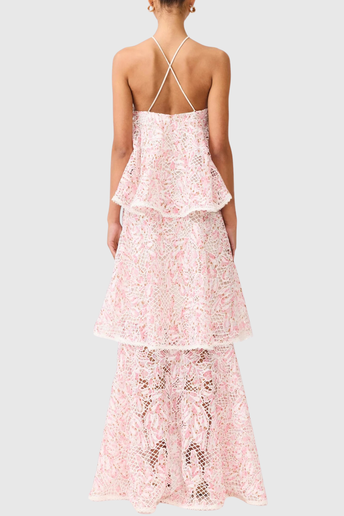 Dominia Halter Floral Lace Tiered Maxi Dress - Pink