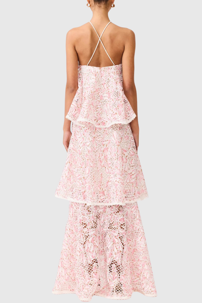 Dominia Halter Floral Lace Tiered Maxi Dress - Pink