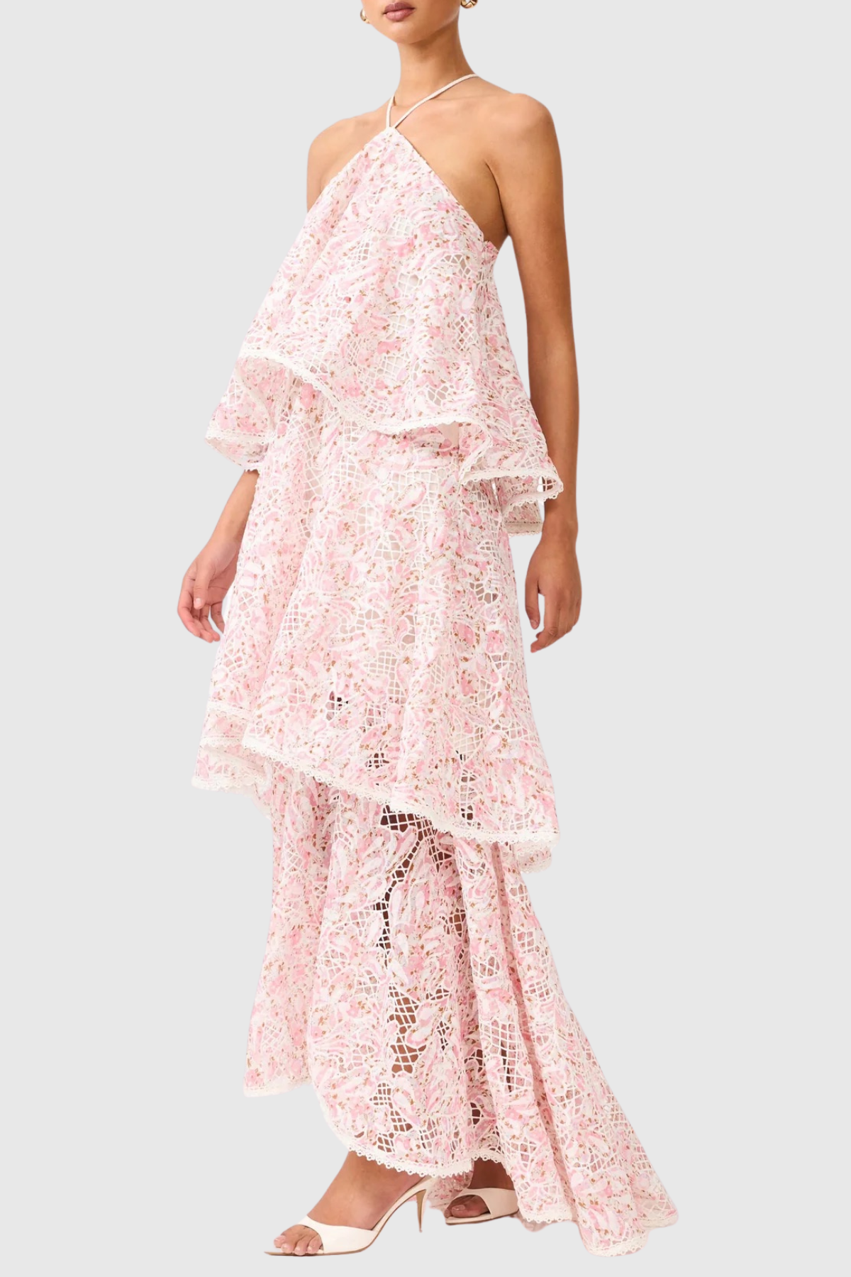 Dominia Halter Floral Lace Tiered Maxi Dress - Pink