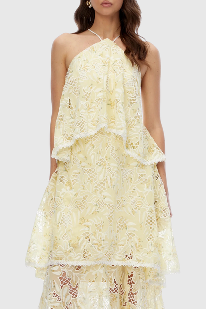 Dominia Halter Floral Lace Tiered Maxi Dress - Yellow