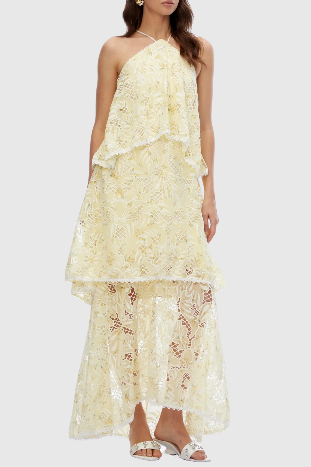 Dominia Halter Floral Lace Tiered Maxi Dress - Yellow