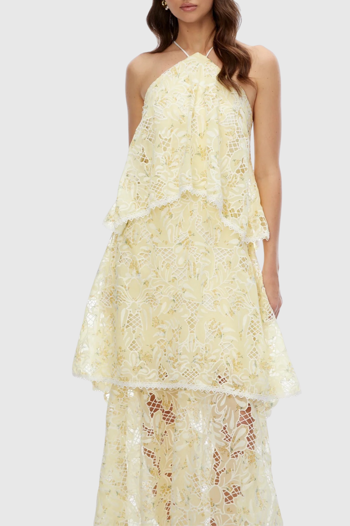 Dominia Halter Floral Lace Tiered Maxi Dress - Yellow