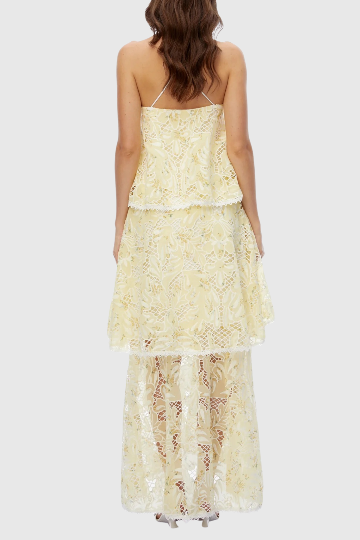 Dominia Halter Floral Lace Tiered Maxi Dress - Yellow