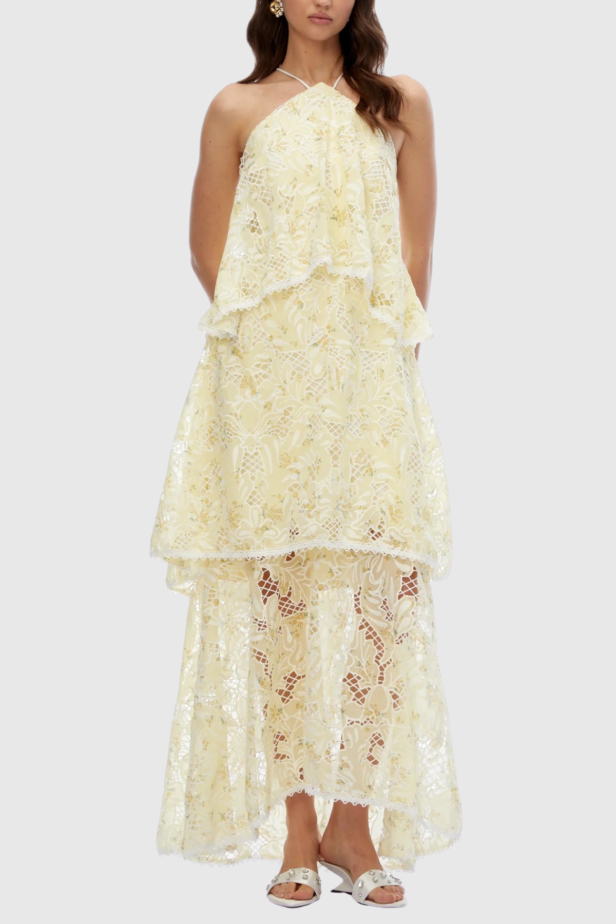 Dominia Halter Floral Lace Tiered Maxi Dress - Yellow
