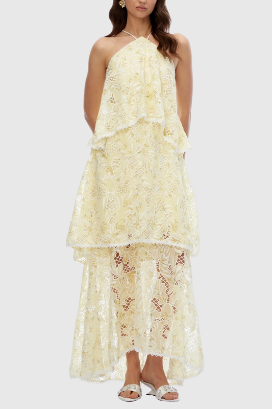 Dominia Halter Floral Lace Tiered Maxi Dress - Yellow