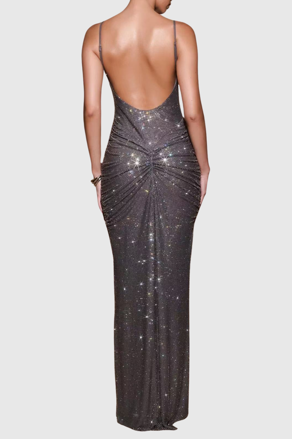 Dominica Crystal Embellished Ruched Maxi Dress - Grey