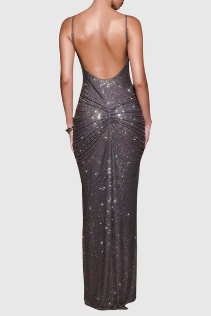 Dominica Crystal Embellished Ruched Maxi Dress - Grey