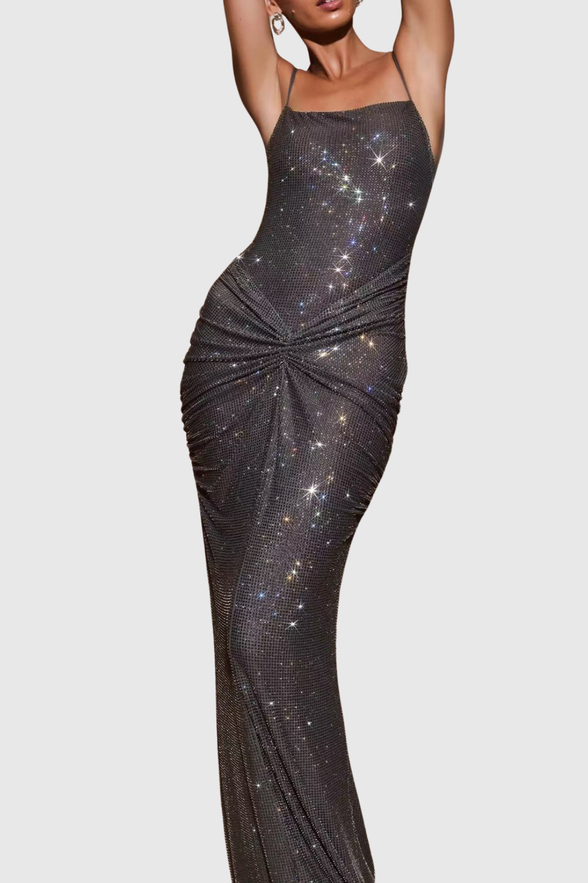Dominica Crystal Embellished Ruched Maxi Dress - Grey