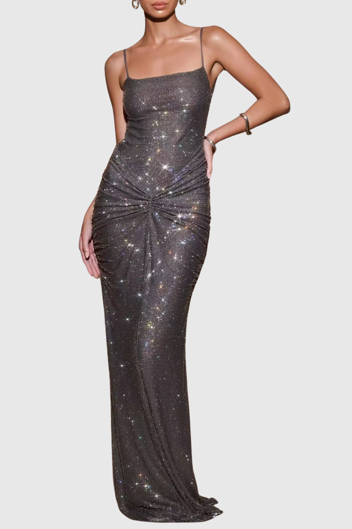 Dominica Crystal Embellished Ruched Maxi Dress - Grey
