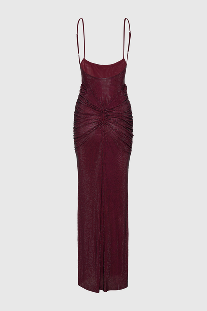 Dominica Crystal Embellished Ruched Maxi Dress - Wine