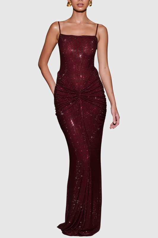 Dominica Crystal Embellished Ruched Maxi Dress - Wine