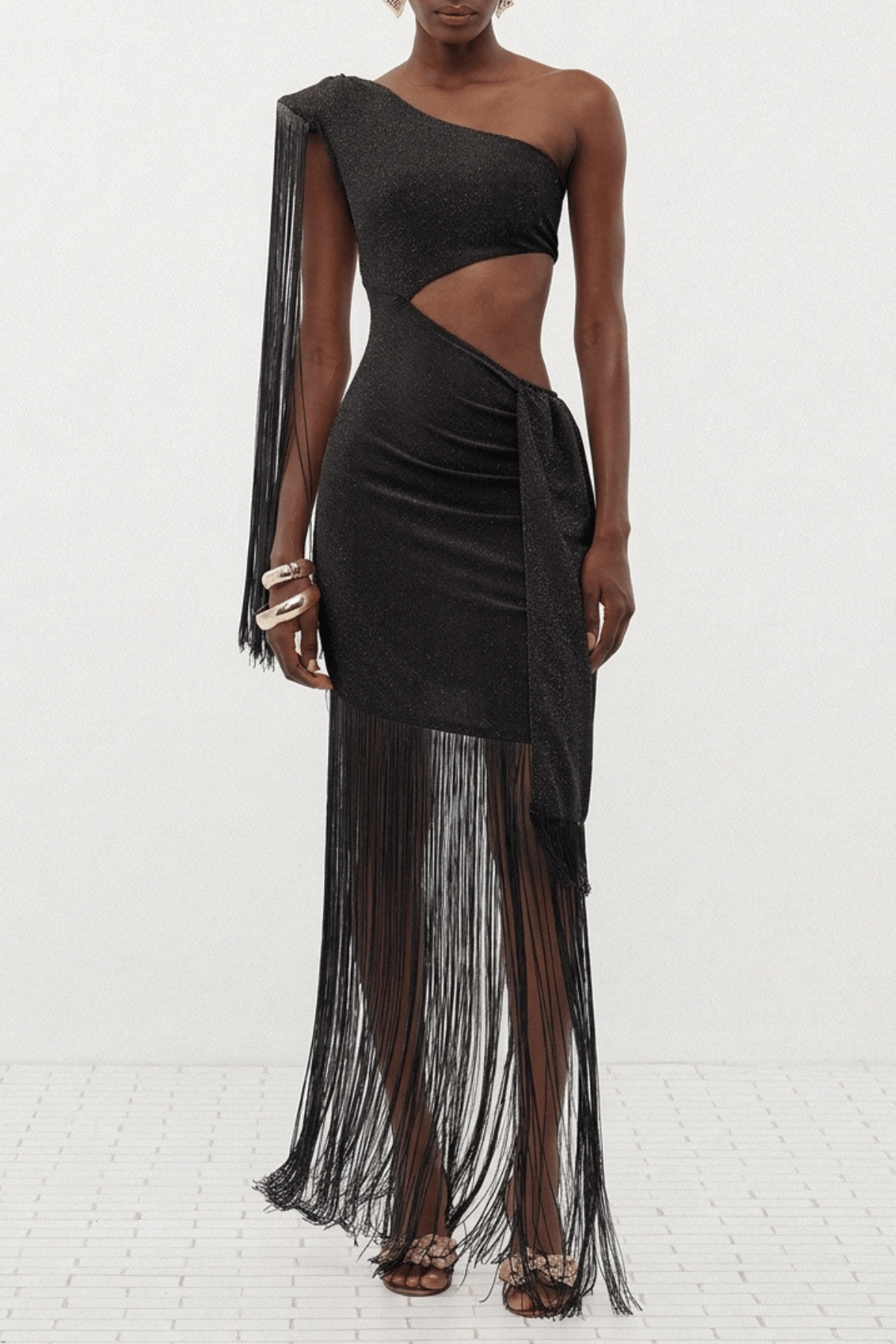 Draco One Shoulder Cutout Fringe Maxi Dress - Black