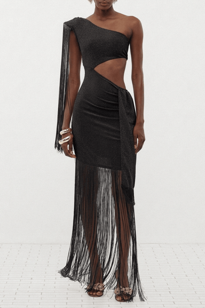 Draco One Shoulder Cutout Fringe Maxi Dress - Black