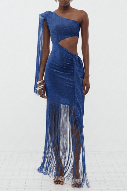 Draco One Shoulder Cutout Fringe Maxi Dress - Blue