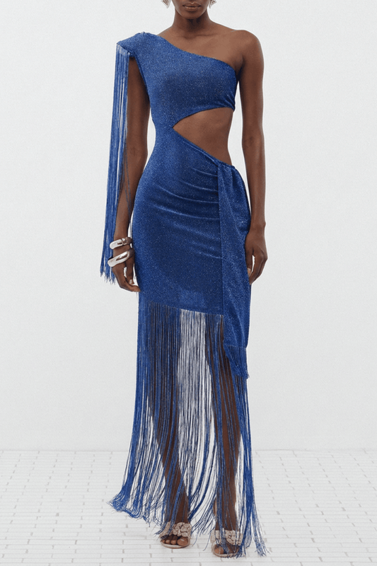 Draco One Shoulder Cutout Fringe Maxi Dress - Blue
