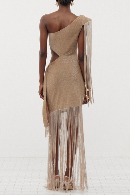 Draco One Shoulder Cutout Fringe Maxi Dress - Gold
