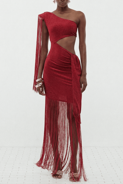 Draco One Shoulder Cutout Fringe Maxi Dress - Red