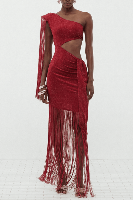 Draco One Shoulder Cutout Fringe Maxi Dress - Red