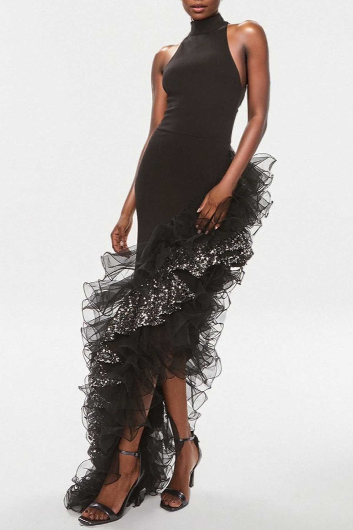 Dualo Asymmetric Ruffle Sequin Midi Bandage Dress