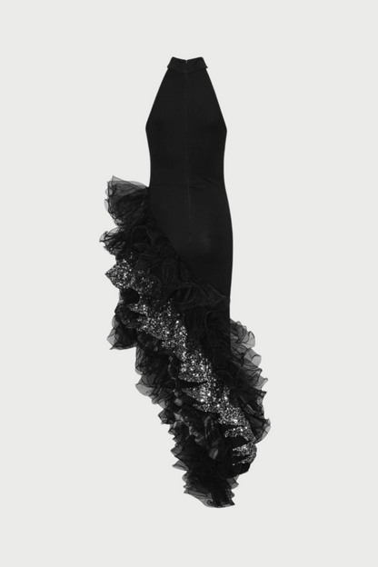 Dualo Asymmetric Ruffle Sequin Midi Bandage Dress