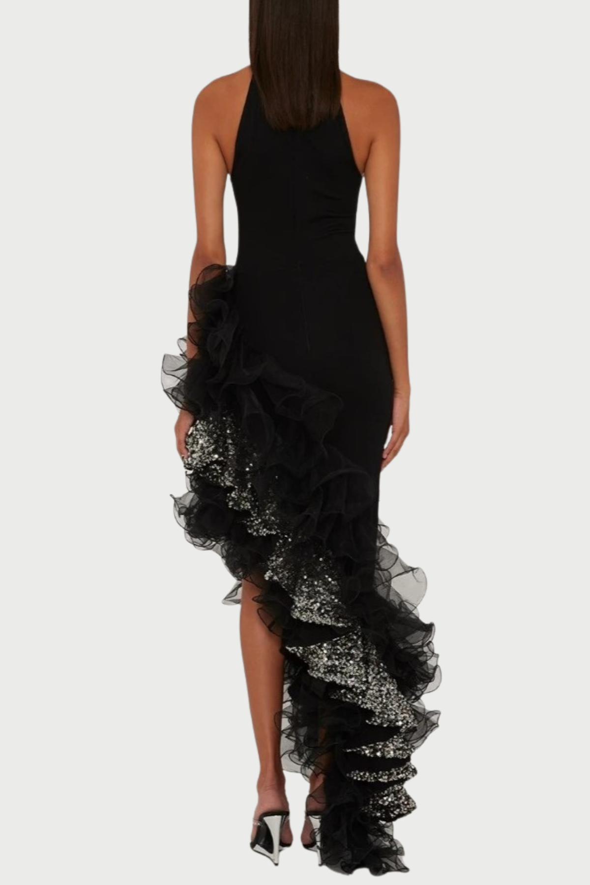Dualo Asymmetric Ruffle Sequin Midi Bandage Dress