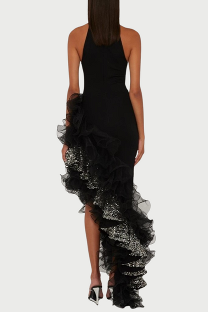 Dualo Asymmetric Ruffle Sequin Midi Bandage Dress