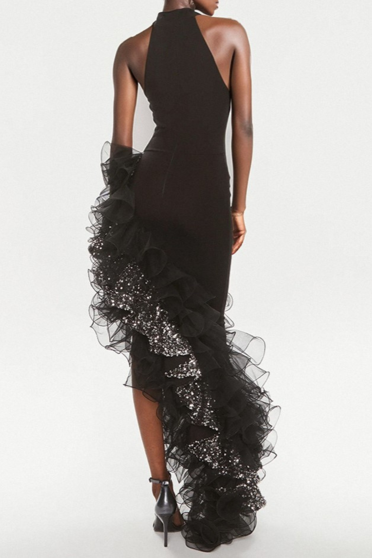 Dualo Asymmetric Ruffle Sequin Midi Bandage Dress