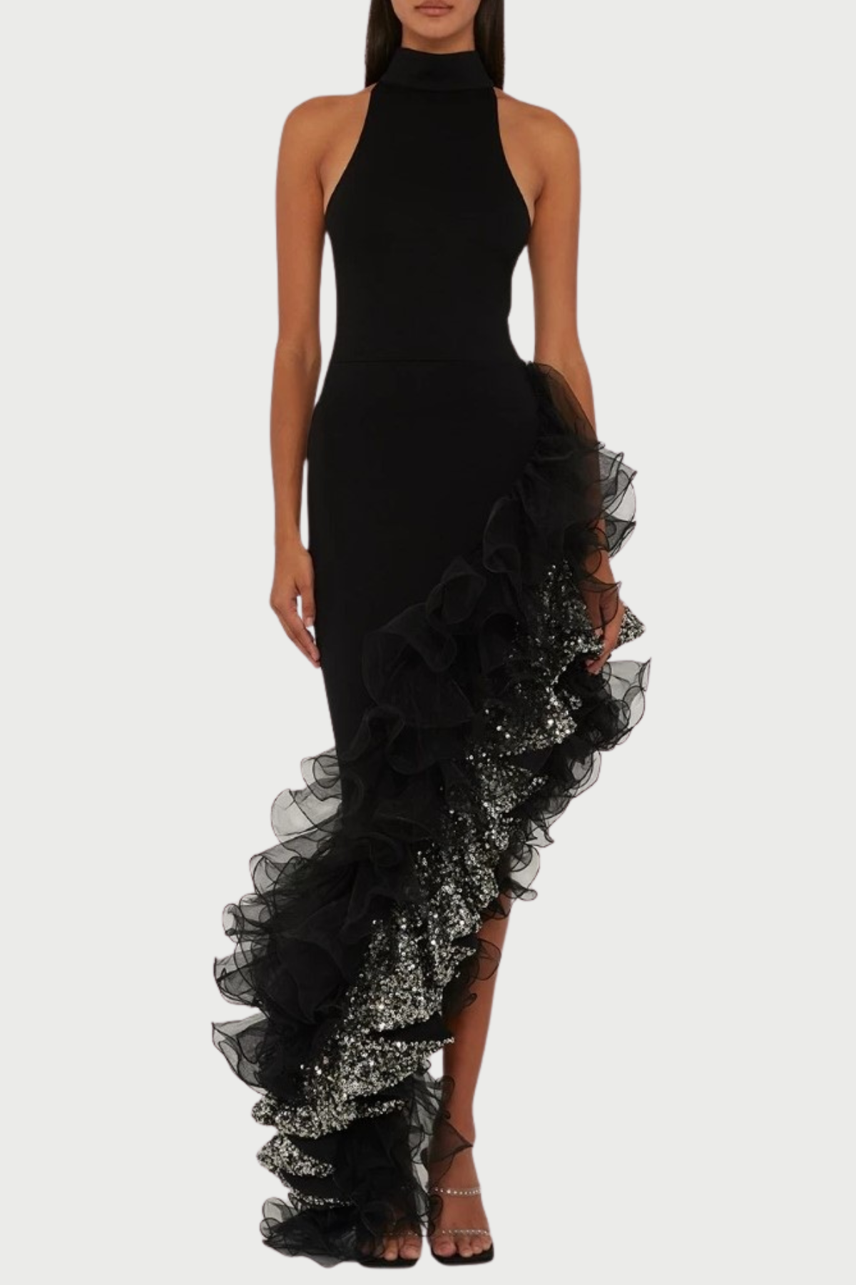 Dualo Asymmetric Ruffle Sequin Midi Bandage Dress
