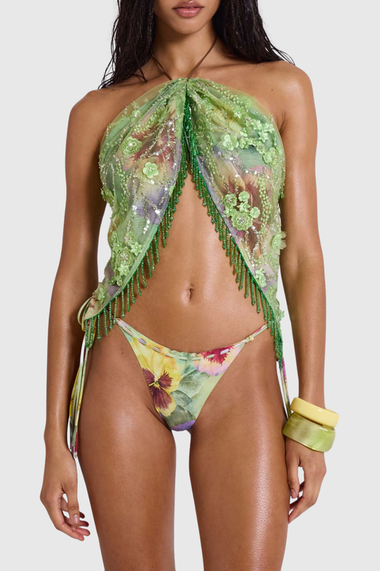 Duarte Print Sequin Tassel Bikini Three Piece Set