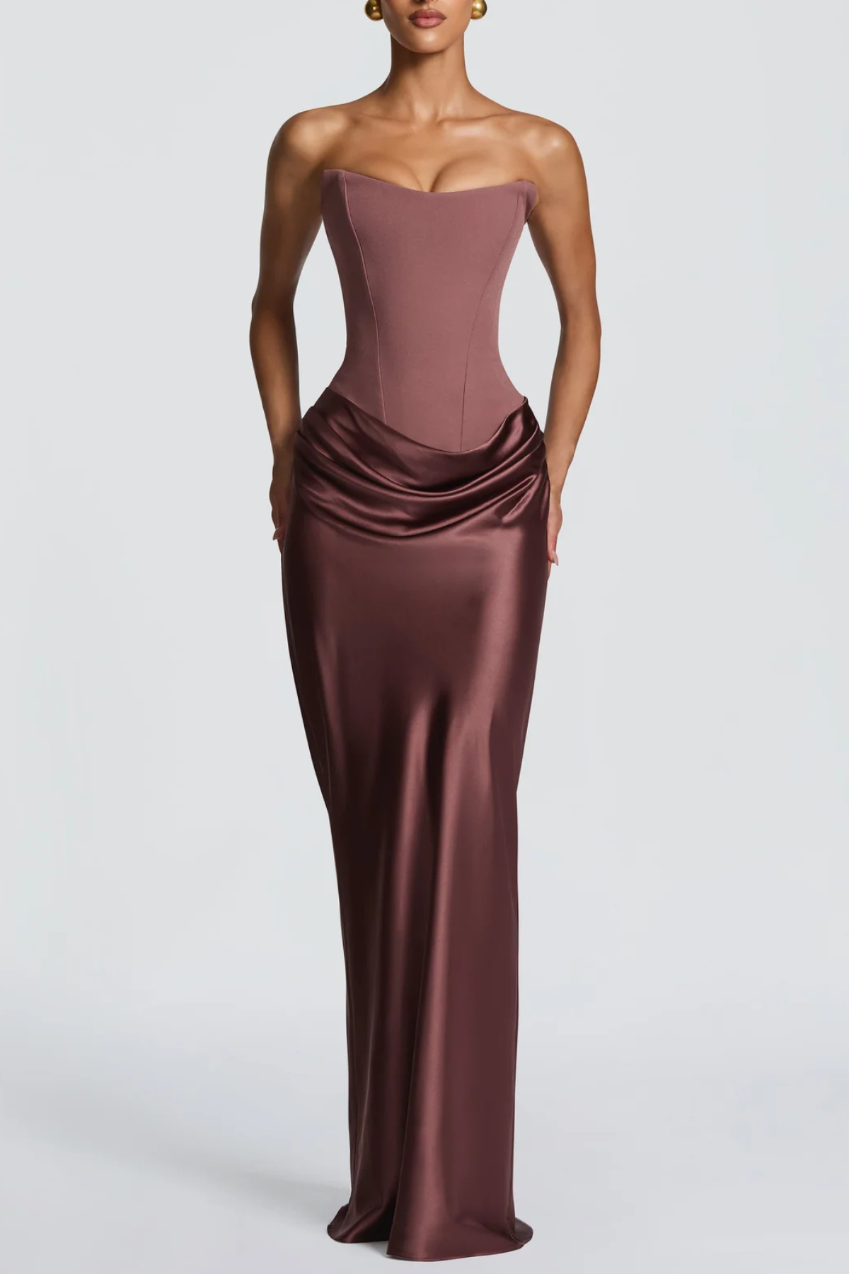 AIsolda  Strapless Corset Scarf Satin Maxi Dress - Dusty Pink
