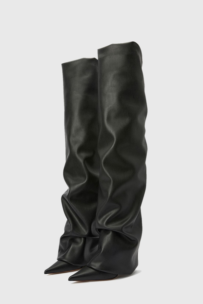 Dusya Ruched Leather Over The Knee Boots - Black