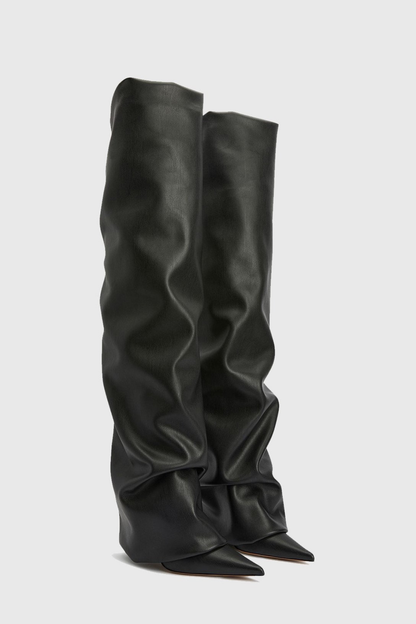 Dusya Ruched Leather Over The Knee Boots - Black