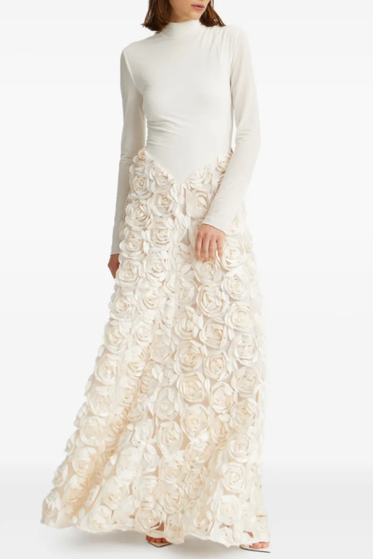Duxa Floral Appliqué Long Sleeve Maxi Dress