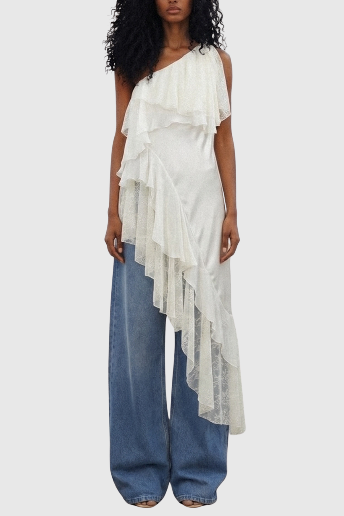 Eadi One Shoulder Asymmetric Lace Top