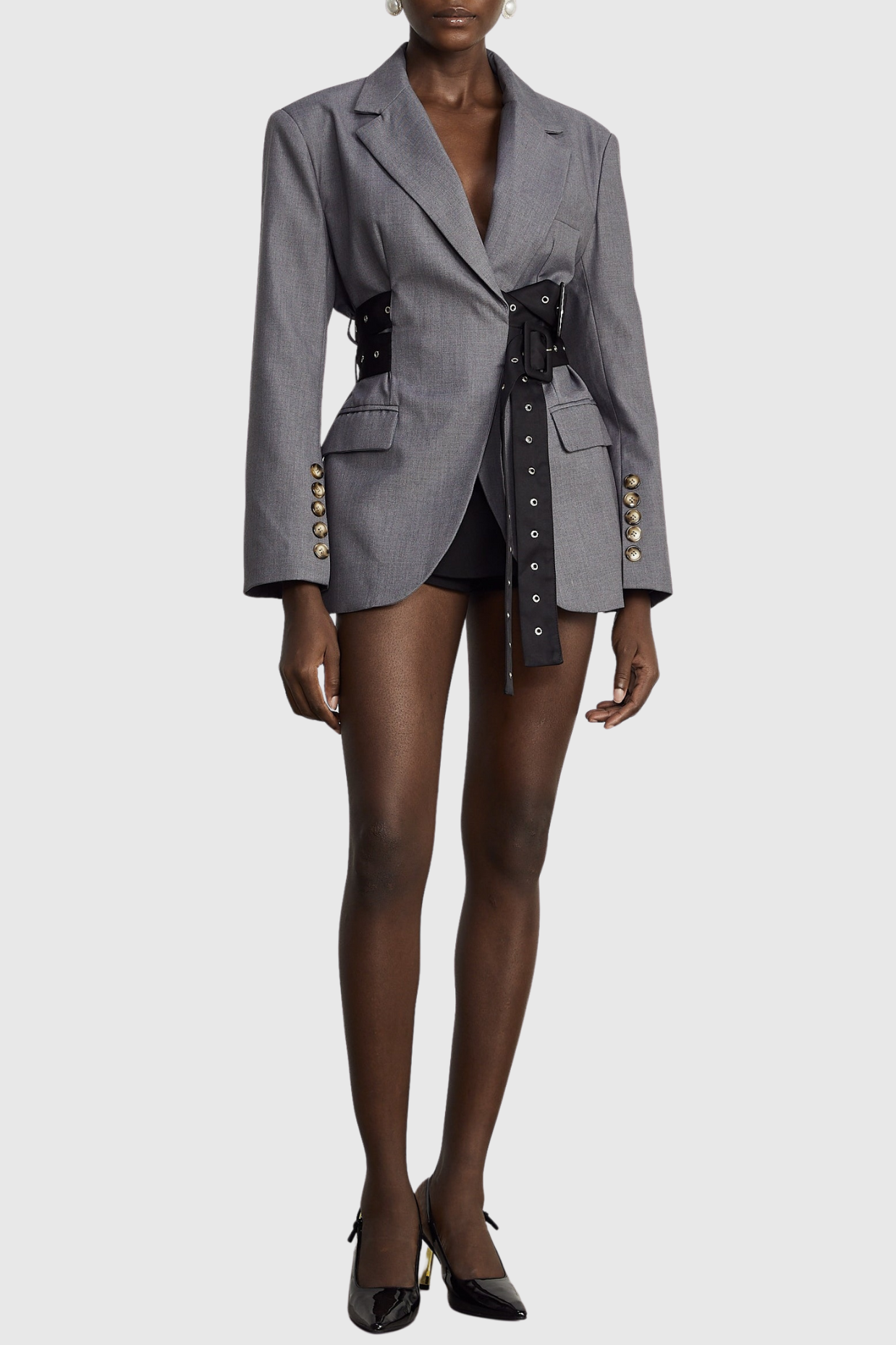 Eairein Belte Waist Blazer - Grey